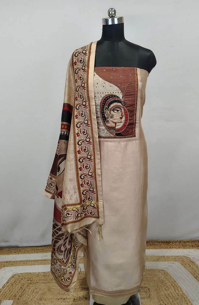 Image of Beige Beautiful Maheshwari Unstitched Suit with Dupatta - 1027-MAHESHWARIKNTH-4A