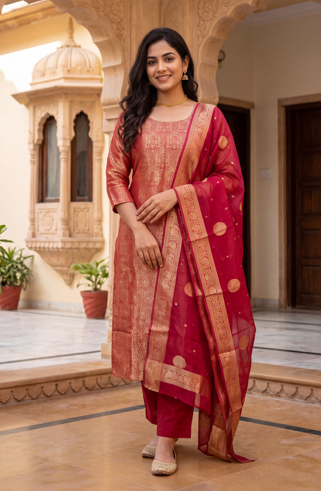 Image of Rani Organza Unstitched Suit-Set with Beautiful Dupatta - 981-0016A