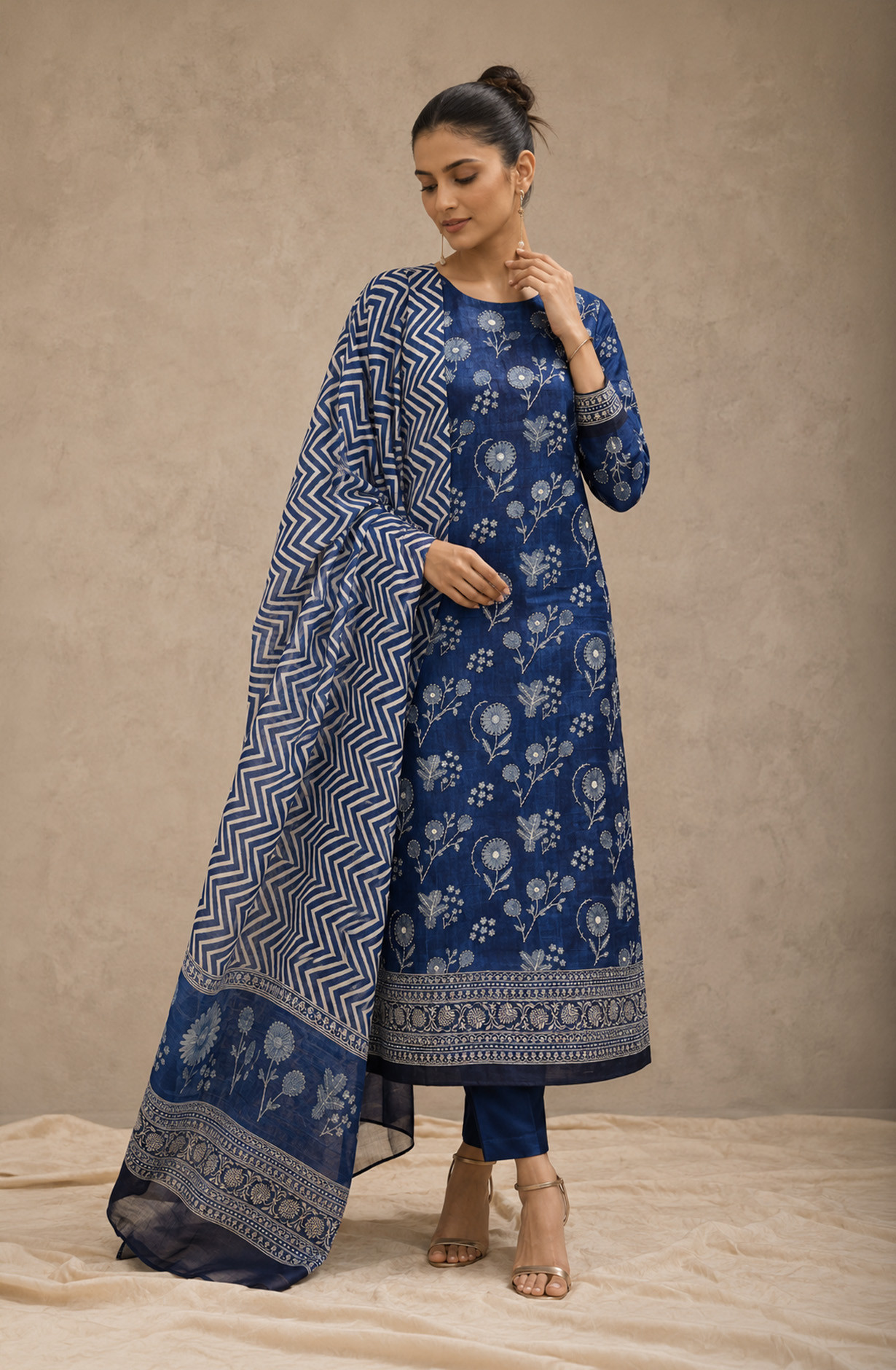 Blue Chanderi Silk Unstitched Suit Set with Beautiful Dupatta - 944-1363
