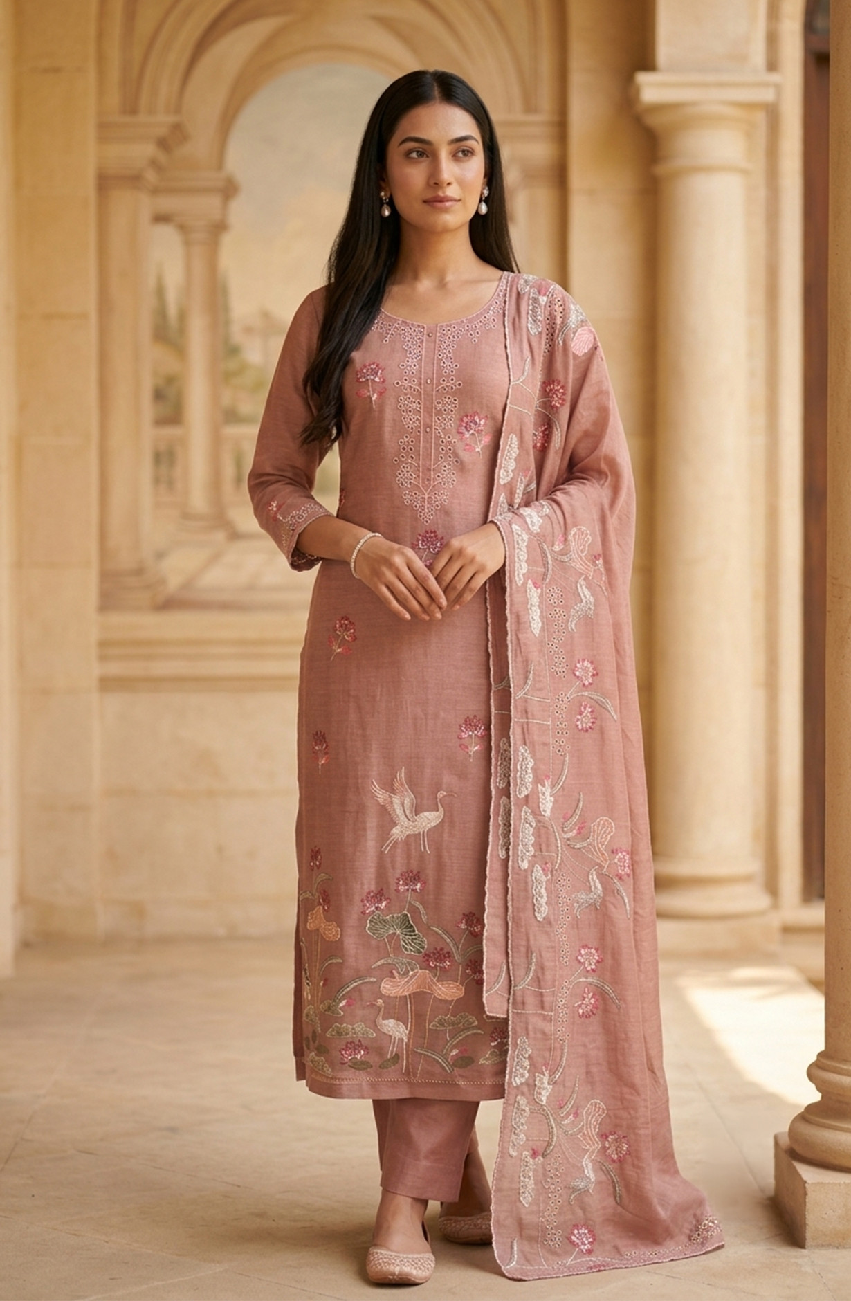 Brown Mul Chanderi Unstitched Suit Set with Beautiful Dupatta - 752-9241B