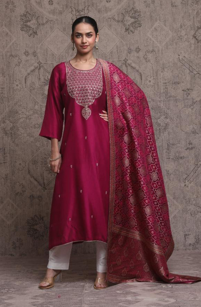 Image of Purple Premium Silk Unstitched Suit Set with Beautiful Dupatta - 131-NAR2605A