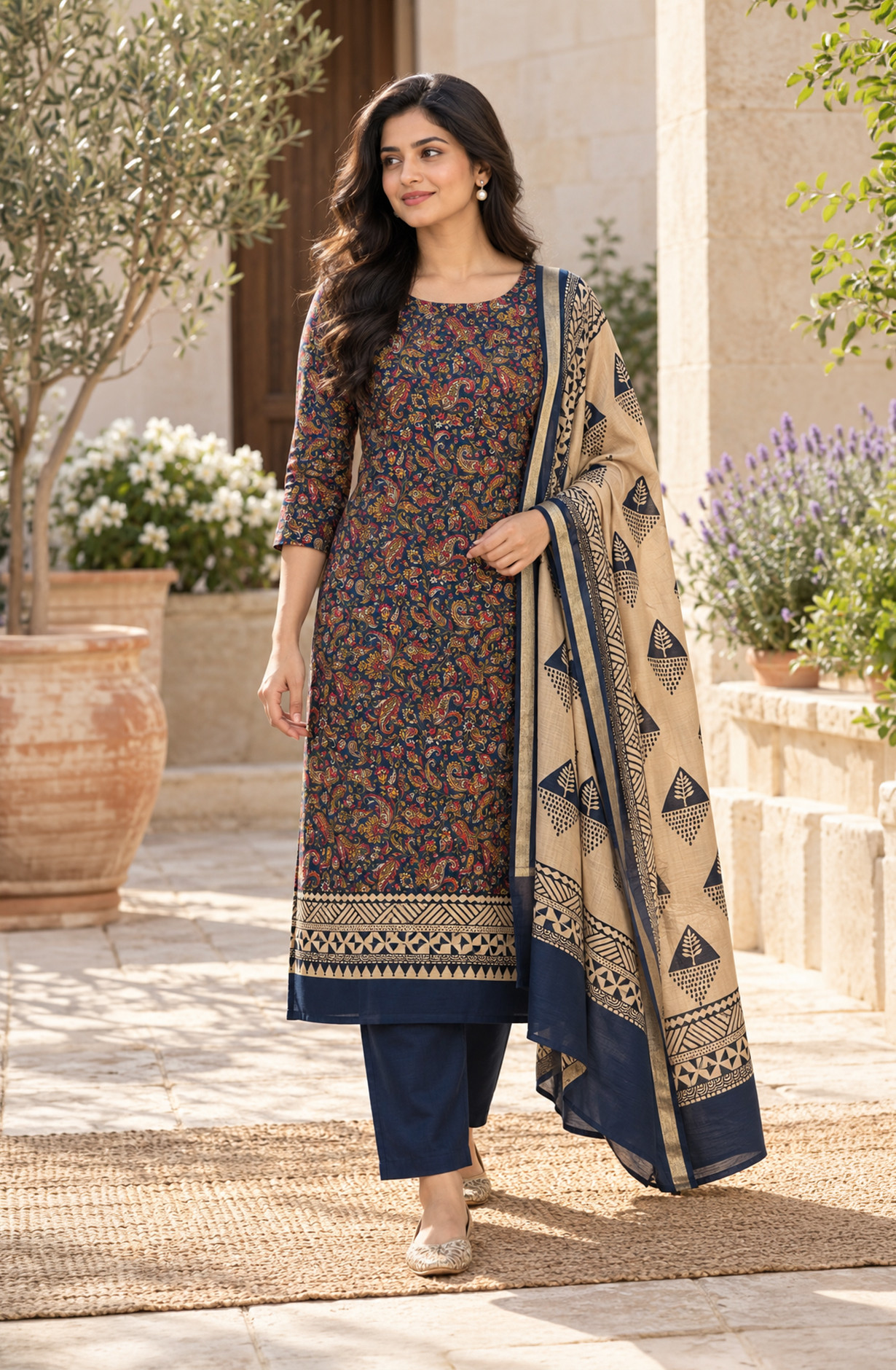 Blue Maheshwari Unstitched Suit-Set with Beautiful Dupatta -  1020-5635A