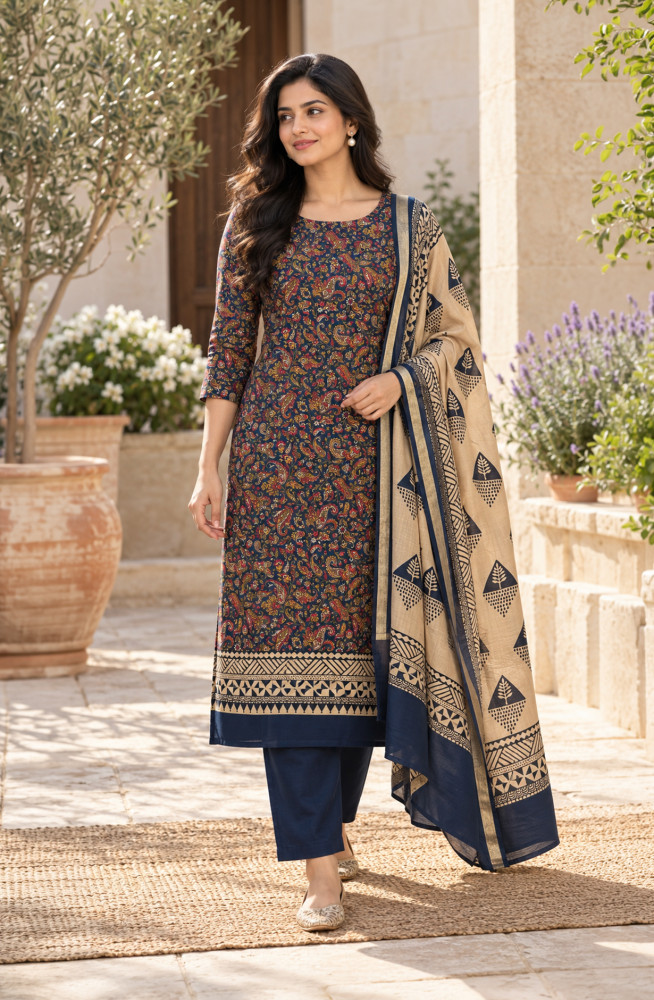 Image of Blue Maheshwari Unstitched Suit-Set with Beautiful Dupatta -  1020-5635A