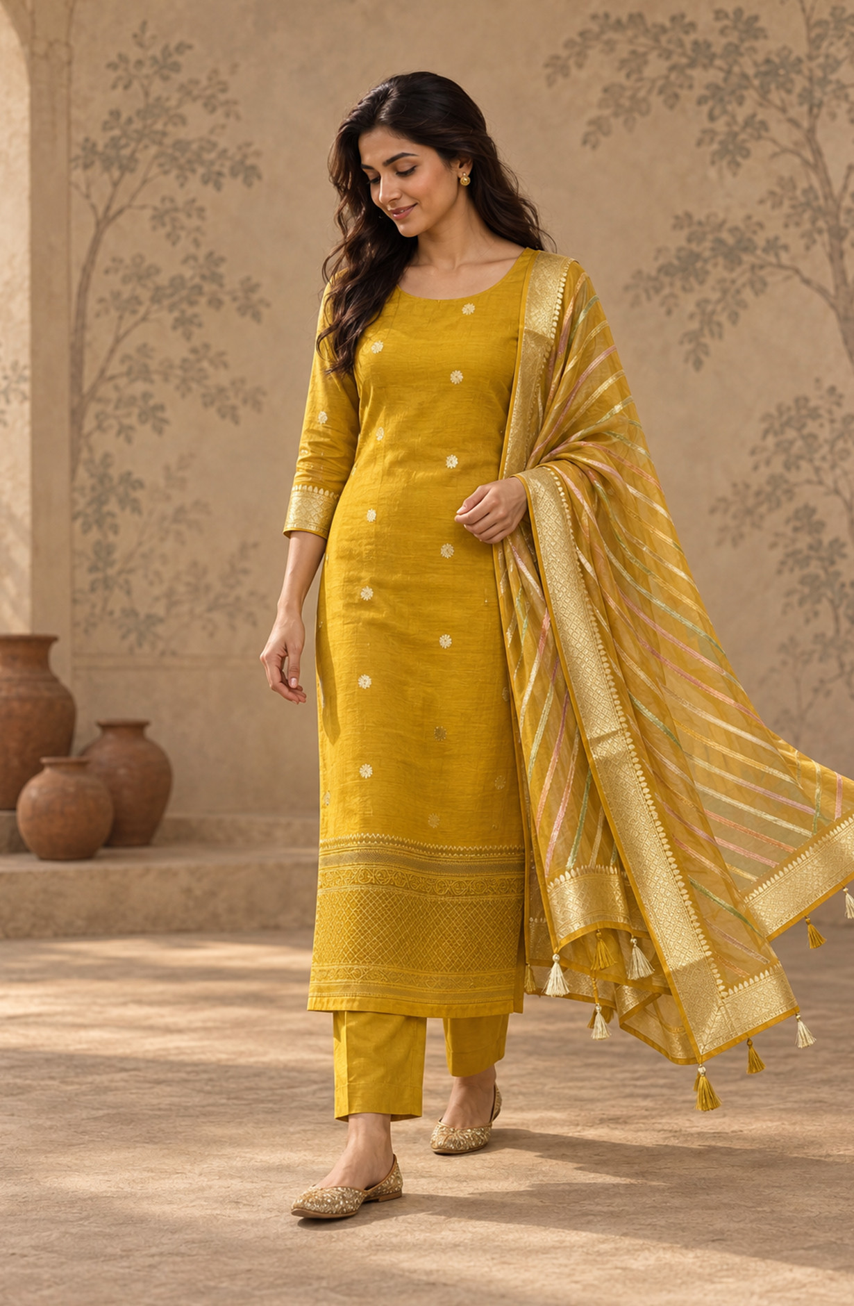 Yellow Silk Unstitched Suit Set with Beautiful Dupatta - 972-WETSL1109A