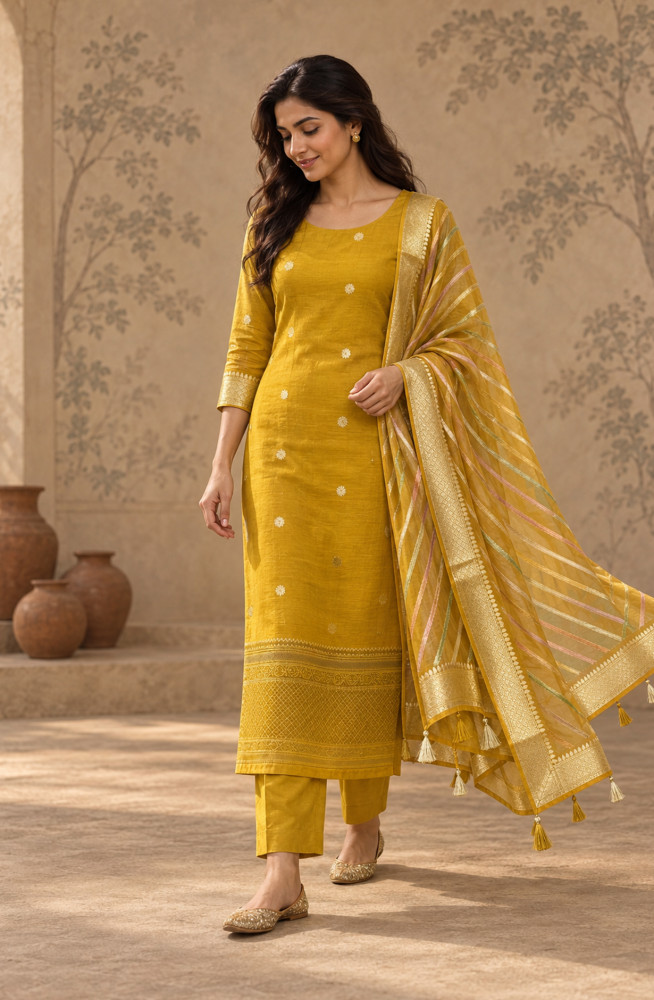 Image of Yellow Silk Unstitched Suit Set with Beautiful Dupatta - 972-WETSL1109A