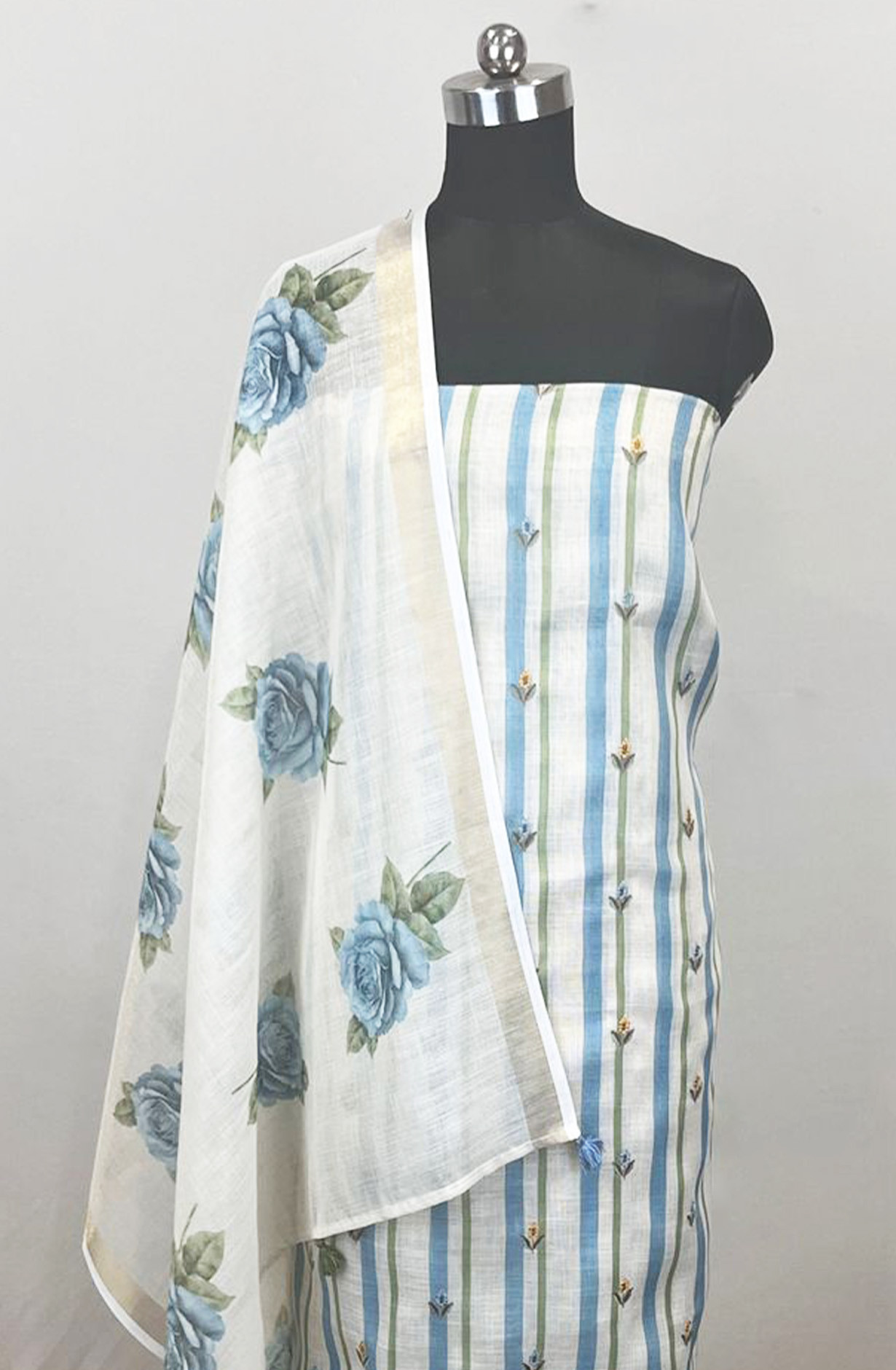 Blue Linen printed Unstitched Suit Set with Dupatta - 811-S151-2261B