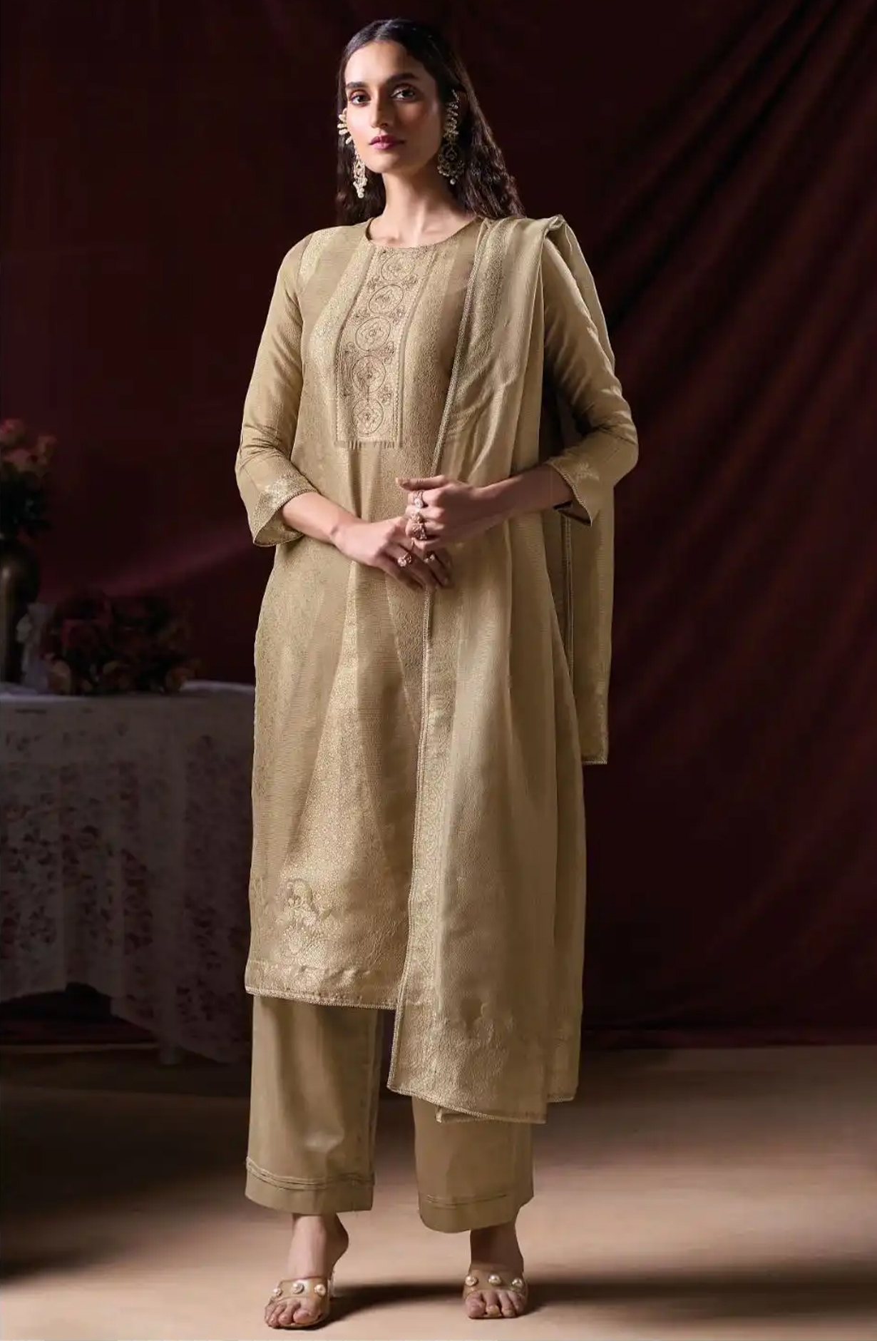 Brown Silk Jacquard Suit Set with Dupatta - ARNC2302