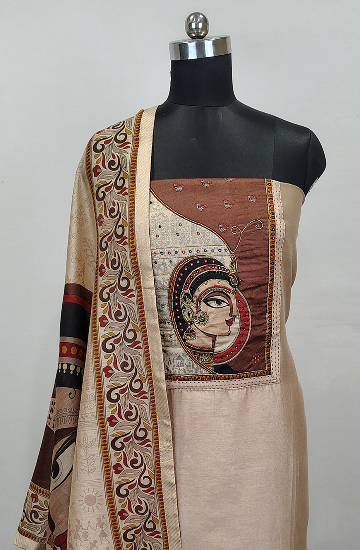 Beige Beautiful Maheshwari Unstitched Suit with Dupatta - 1027-MAHESHWARIKNTH-4A