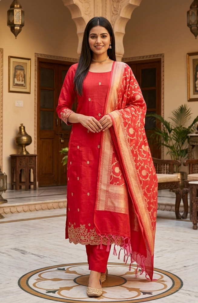 Image of Red Chanderi Silk Beautiful Suit Set with Banarsi Dupatta - 981-NK638A