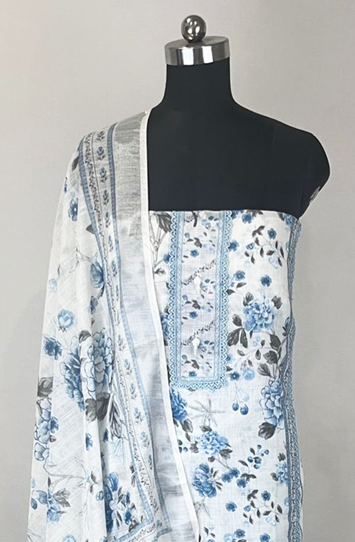 Blue Floral Printed Linen Unstitched Suit Set with Dupatta - 131-SUMCOT1113-2A