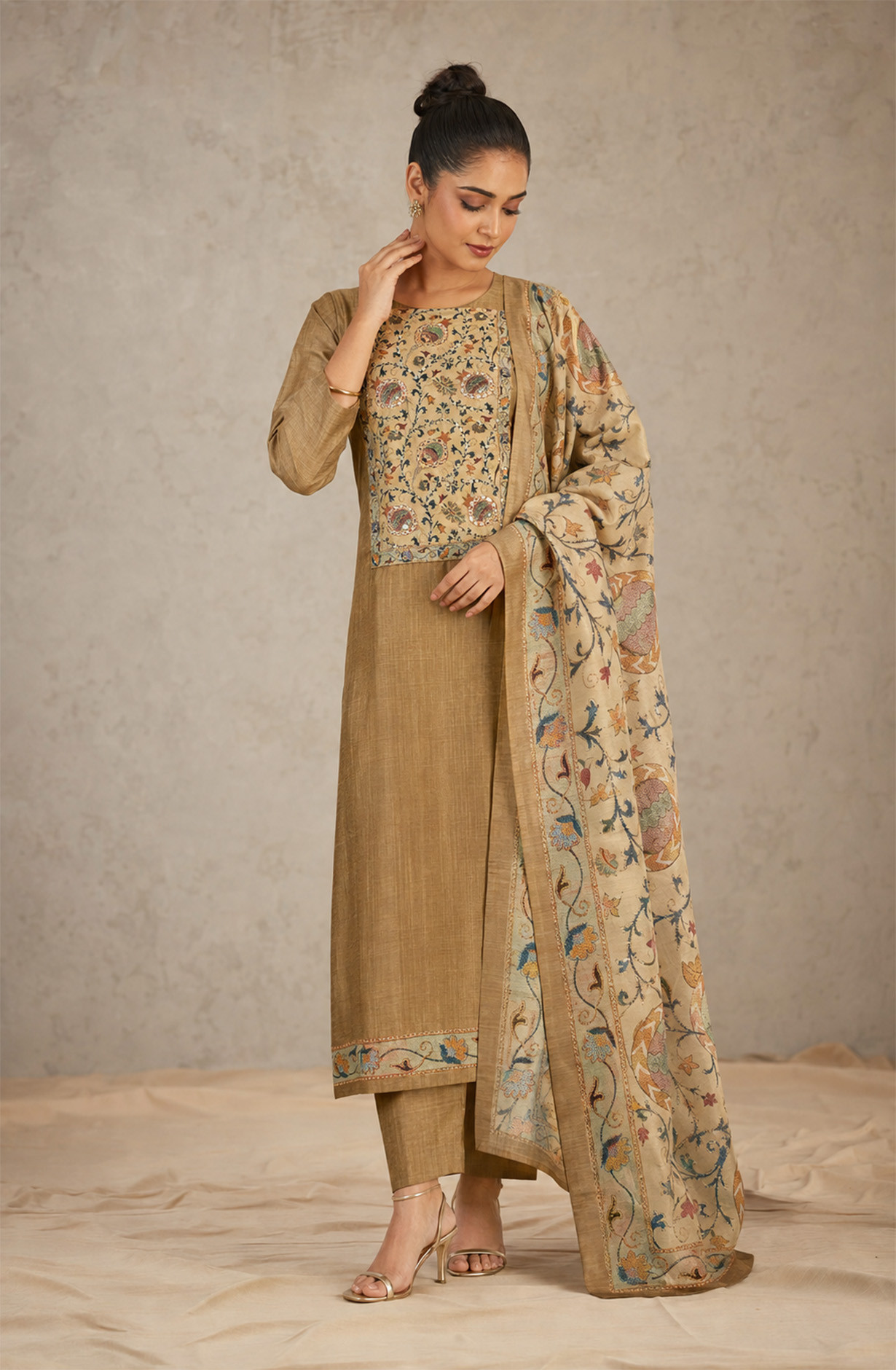 Mehndi Chanderi Silk Unstitched Suit Set with Beautiful Dupatta - 944-1375