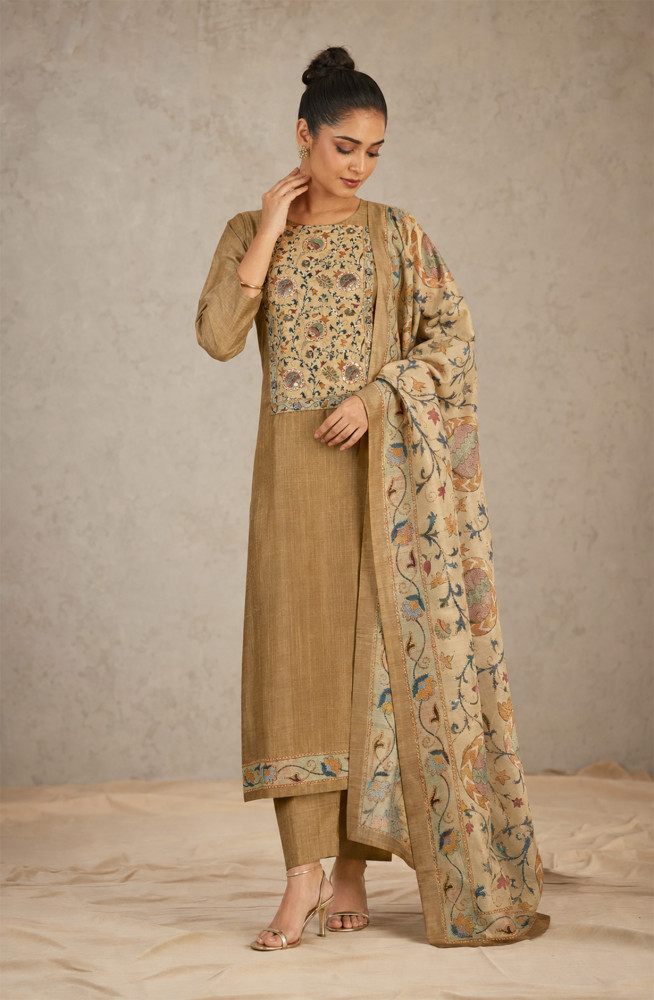 Image of Mehndi Chanderi Silk Unstitched Suit Set with Beautiful Dupatta - 944-1375