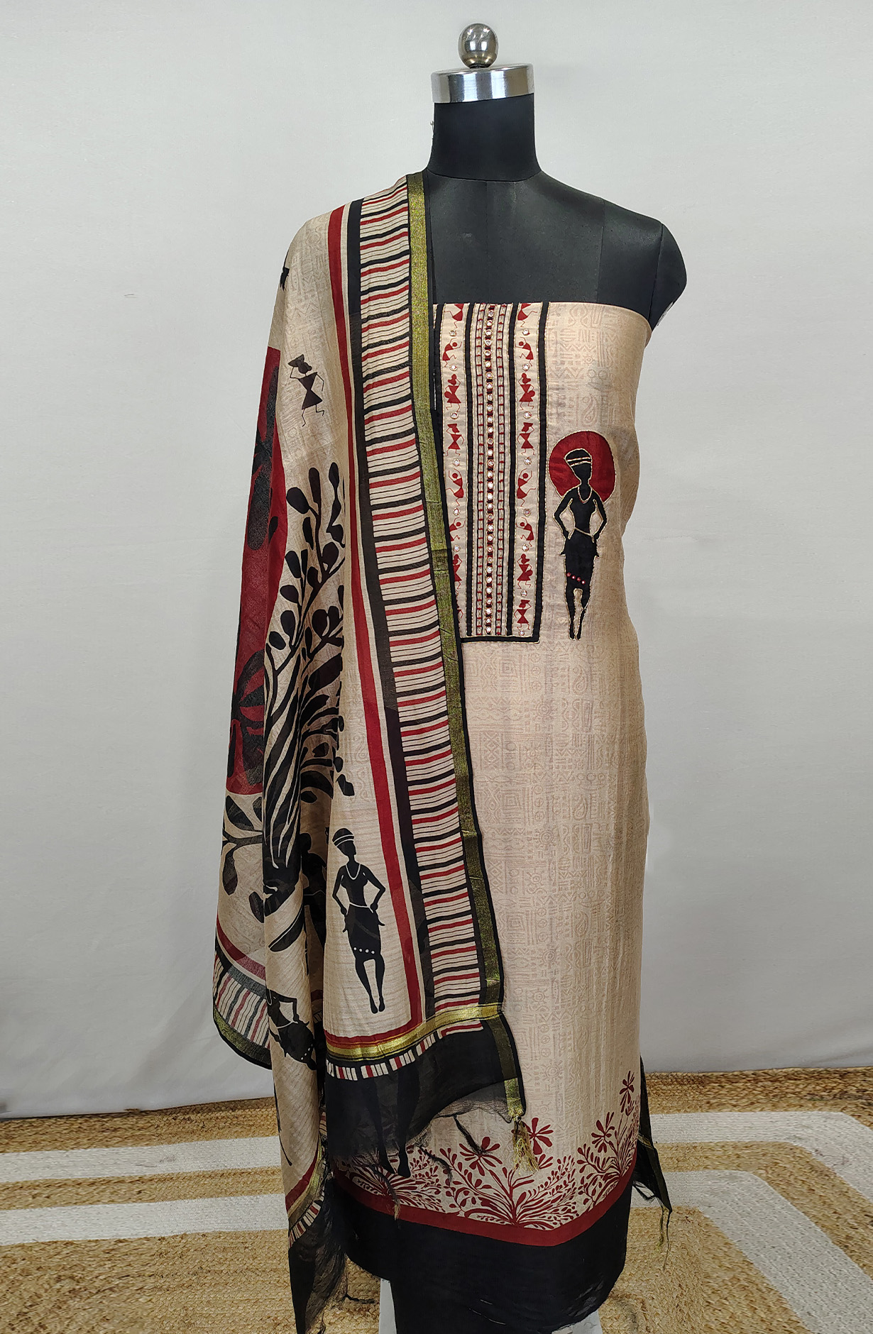 Beige Beautiful Maheshwari Unstitched Suit with Dupatta - 1027-MAHESHWARIKNTH-5A