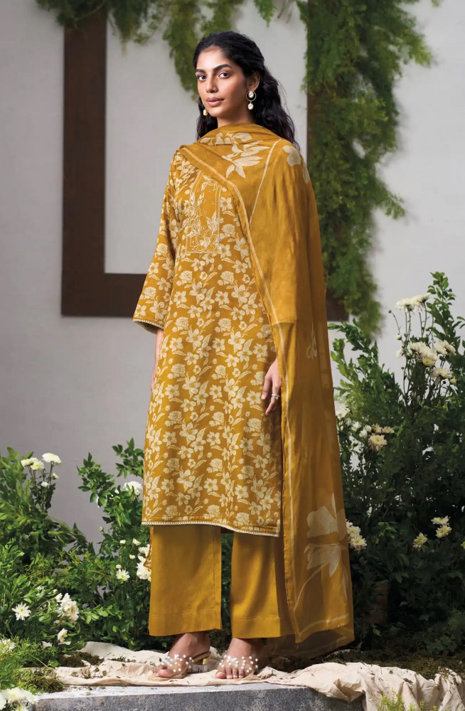 Image of Mustard Premium Cotton Satin Unstitched Suit Set with Beautiful Dupatta - TILS5136C