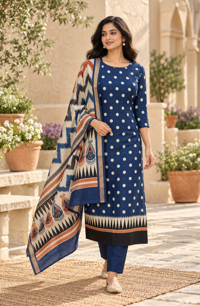 Image of Blue Maheshwari Unstitched Suit-Set with Beautiful Dupatta -  1020-5995A