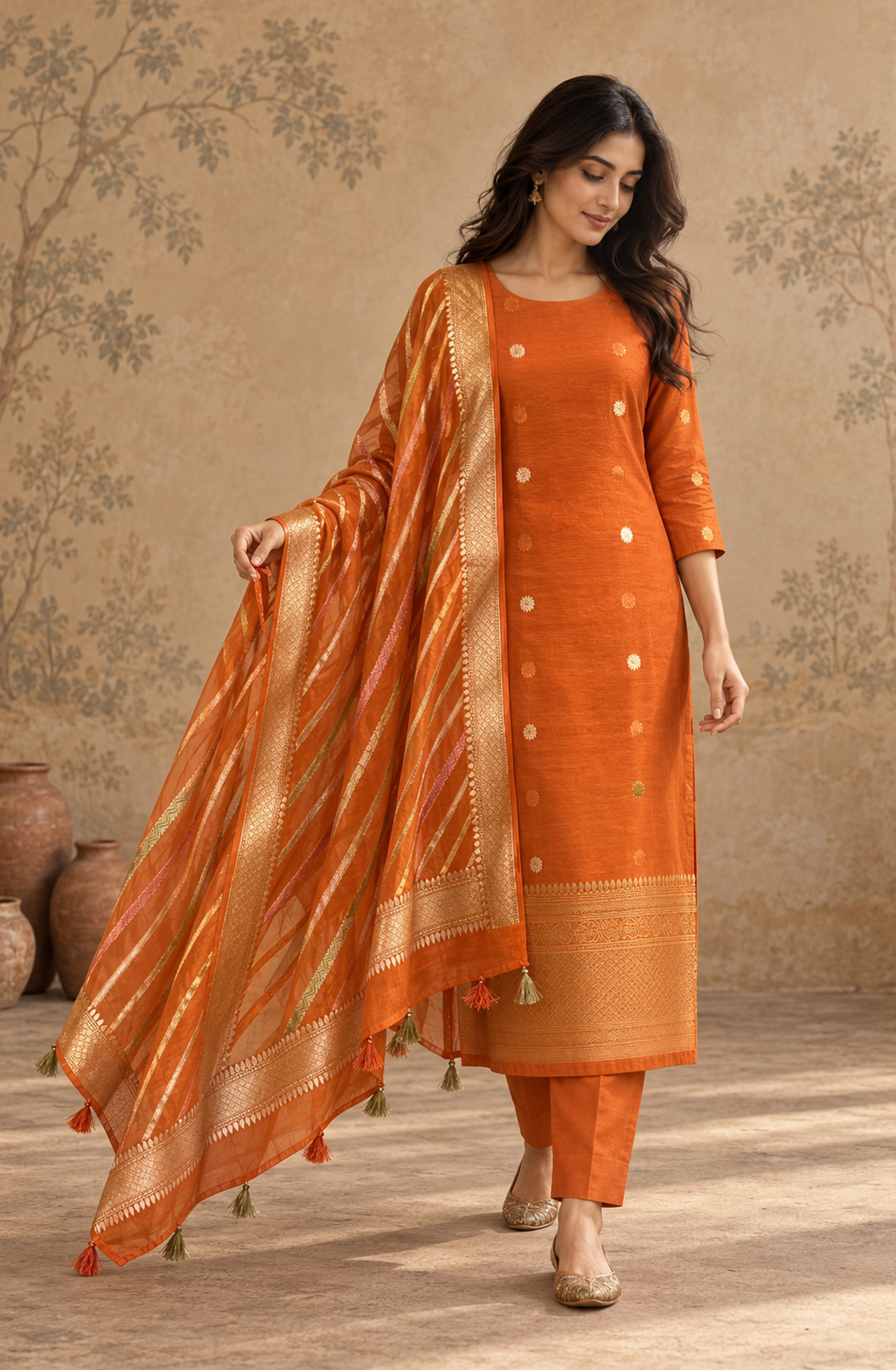 Orange Chanderi Unstitched Suit Set with Beautiful Dupatta - 972-WETSL1109B
