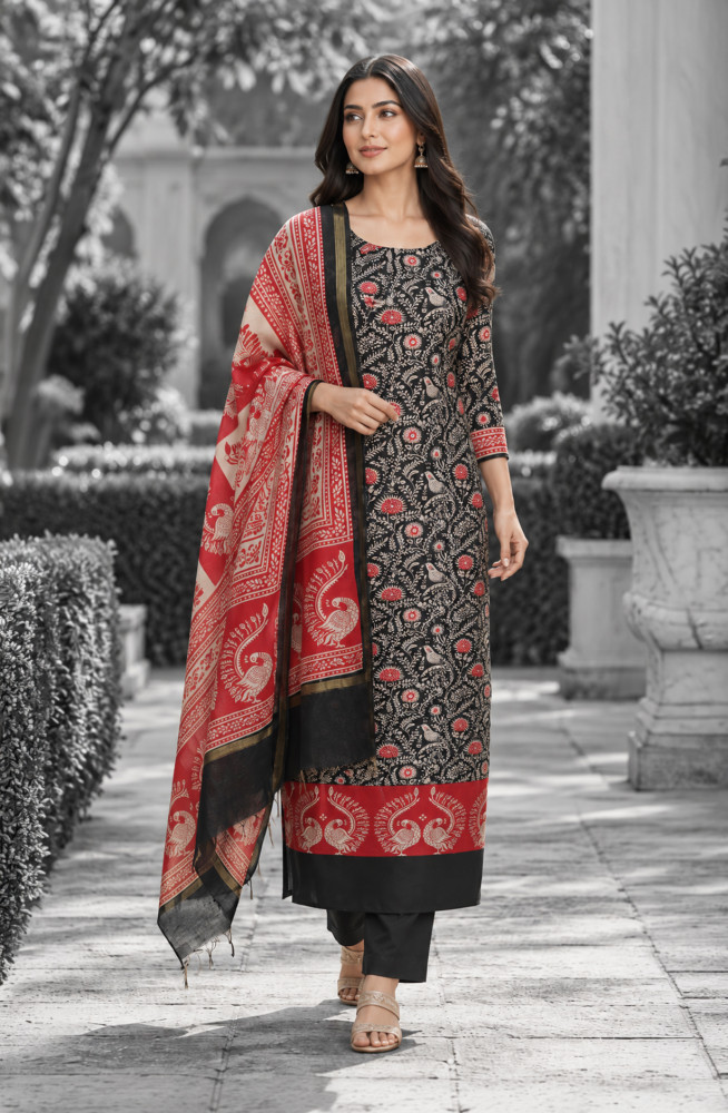 Image of Black Maheshwari Unstitched Suit-Set with Dupatta - 1028-Maheshwari-14