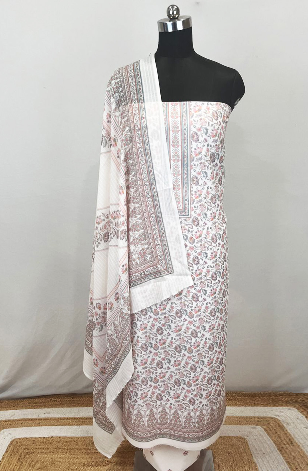 Cream Printed Cotton Unstitched Suit Set with Dupatta - ZAI1919I