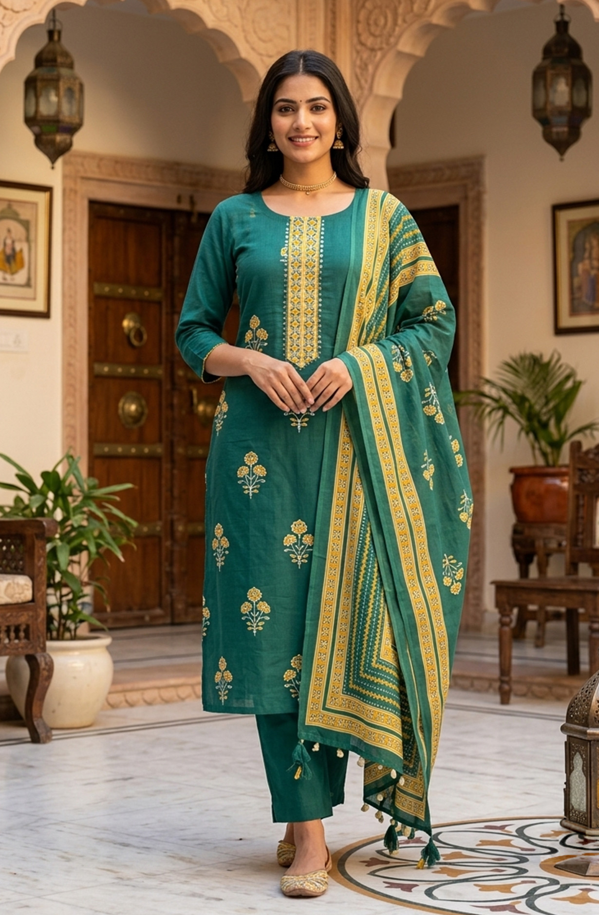 Green Cotton Digital Printed Beautiful Suit Set with Dupatta - 1029-3685A