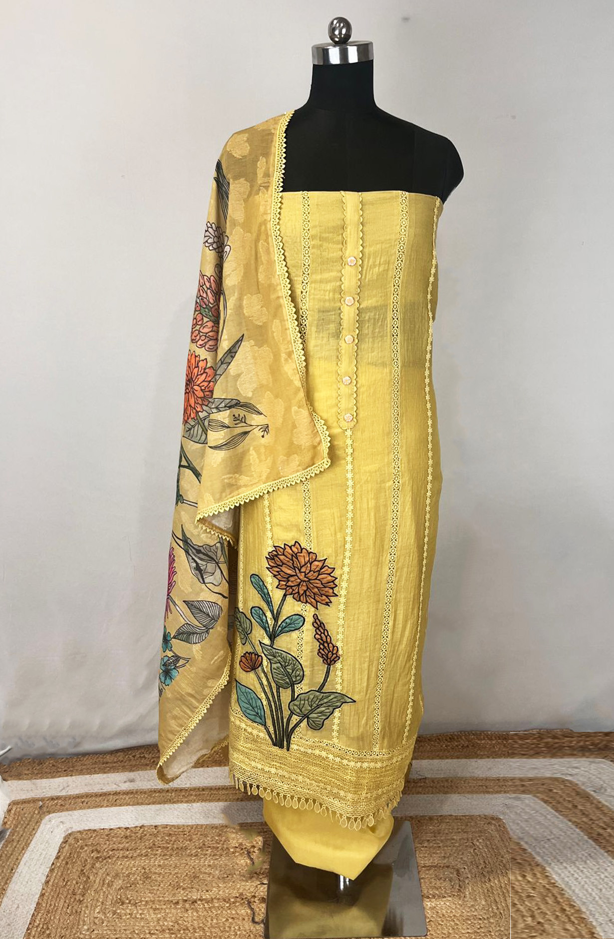 Mustard Mul Chanderi Unstitched Beautiful Suit Set with Dupatta - 1009-SD3525A