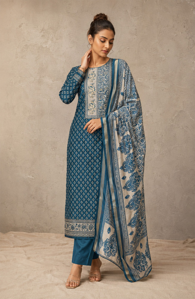 Image of Blue Chanderi Silk Unstitched Suit Set with Beautiful Dupatta - 944-1376
