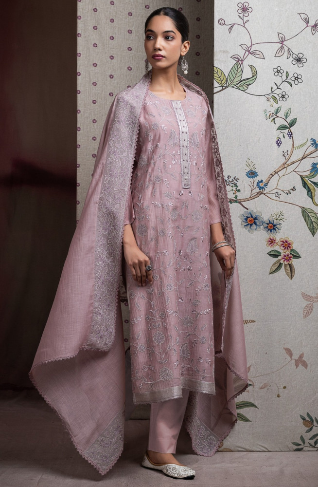 Image of Pink Pure Mul Chanderi Suit Set with Dupatta -R157-SPR2595