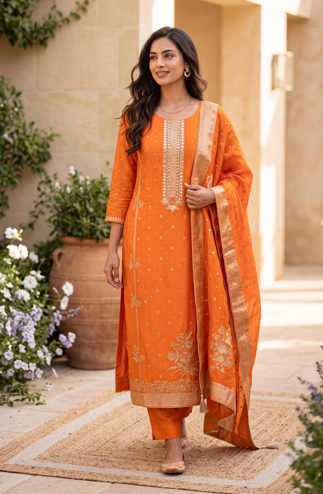 Image of Orange Silk Unstitched Suit-Set with Beautiful Dupatta - 691-CH2817A