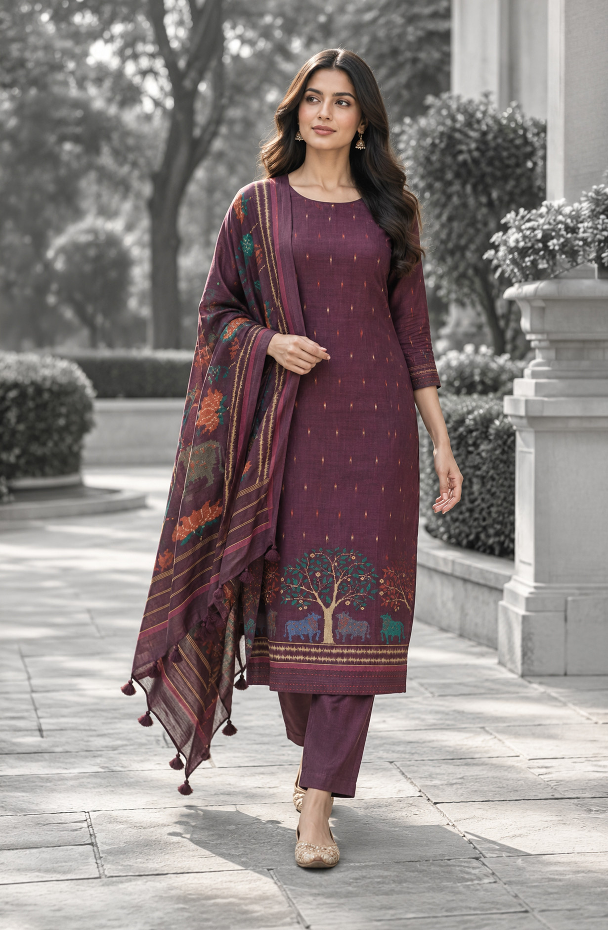 Wine Maheshwari Unstitched Suit-Set with Dupatta - 1028-Malai-2A