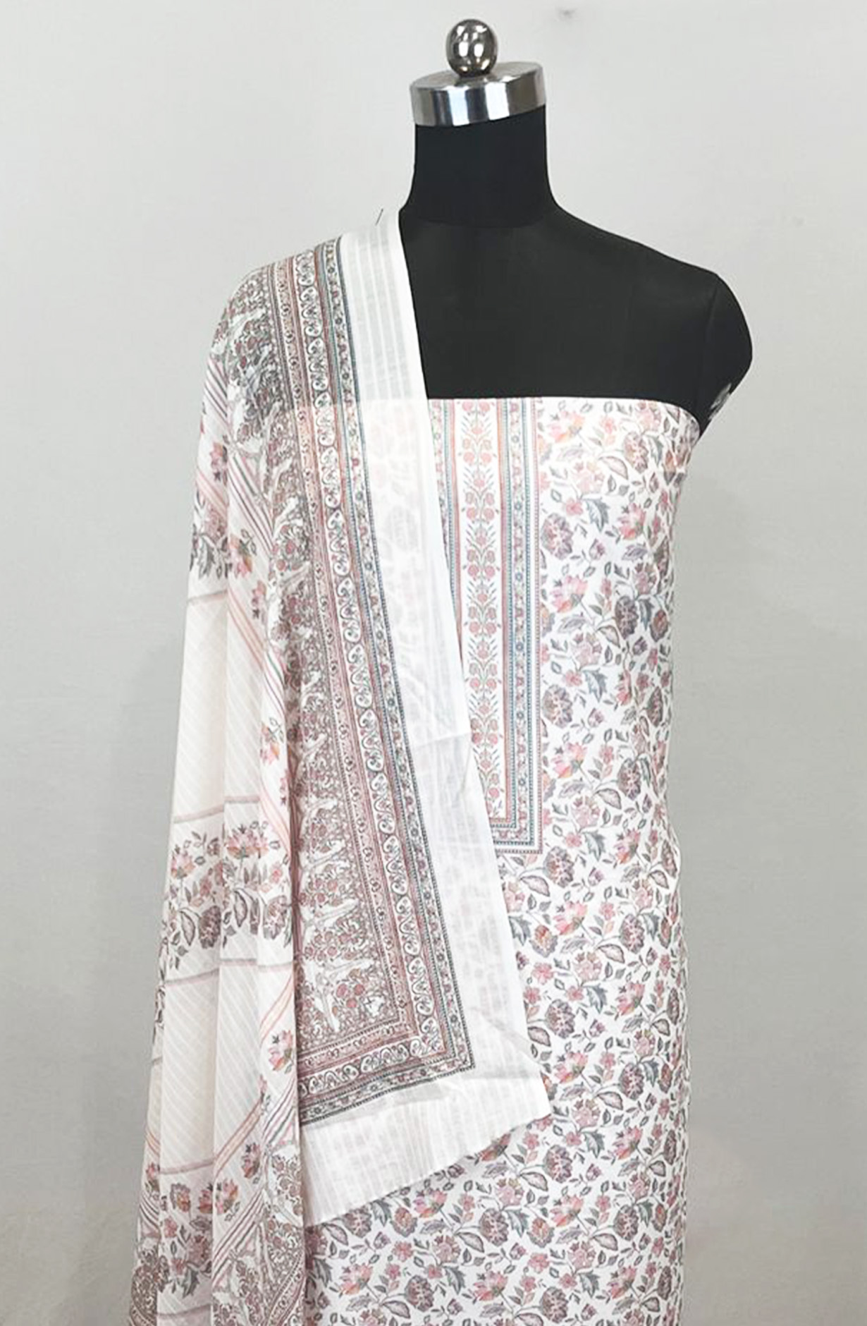 Cream Printed Cotton Unstitched Suit Set with Dupatta - ZAI1919I