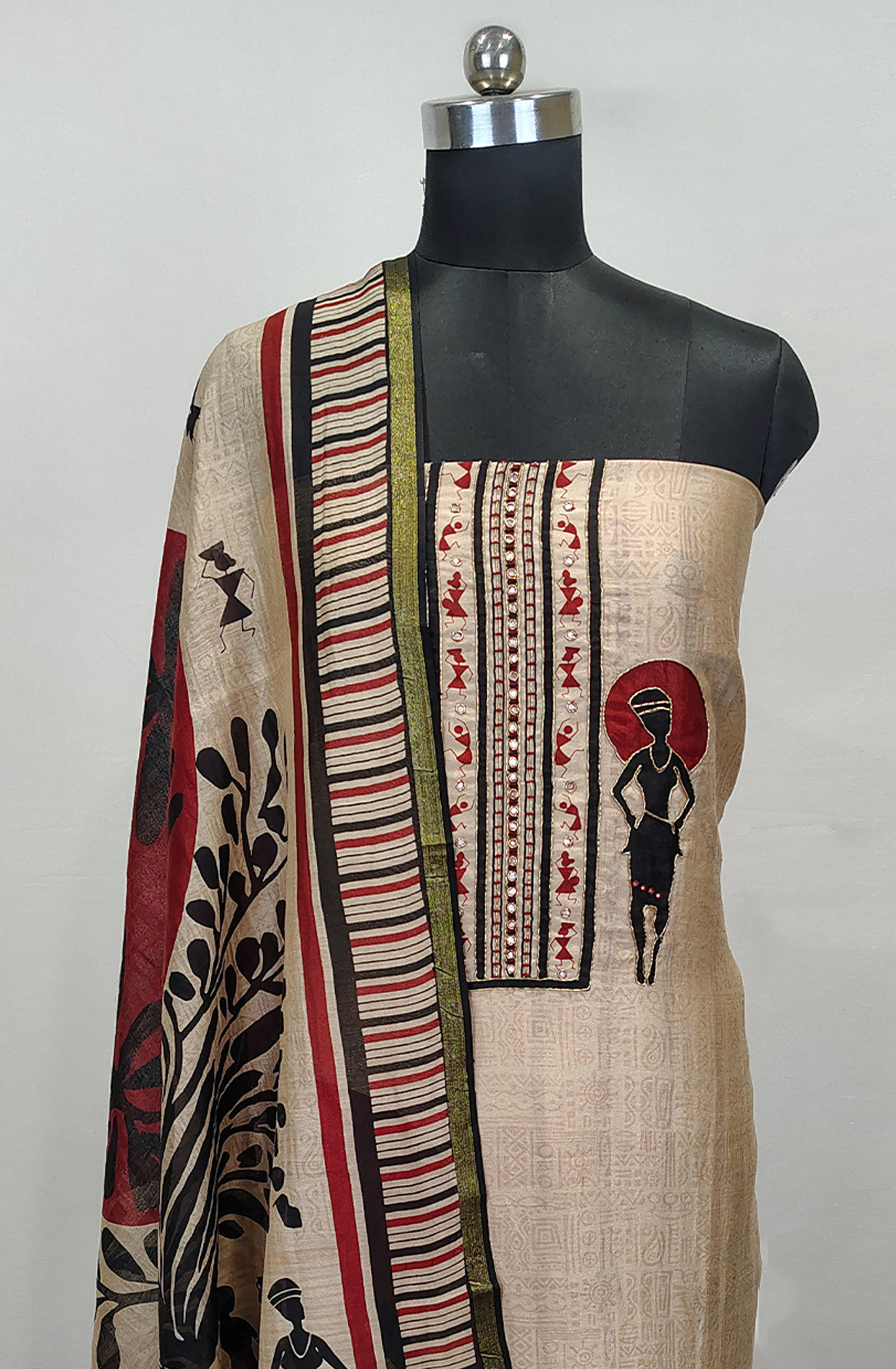 Beige Beautiful Maheshwari Unstitched Suit with Dupatta - 1027-MAHESHWARIKNTH-5A