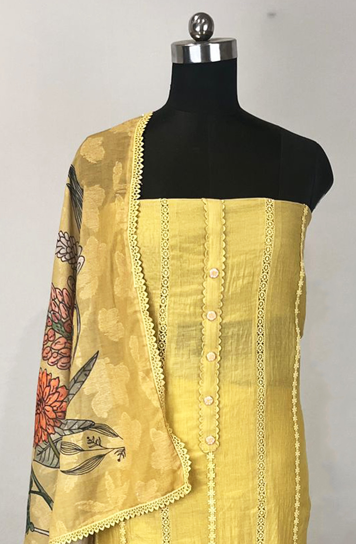 Mustard Mul Chanderi Unstitched Beautiful Suit Set with Dupatta - 1009-SD3525A