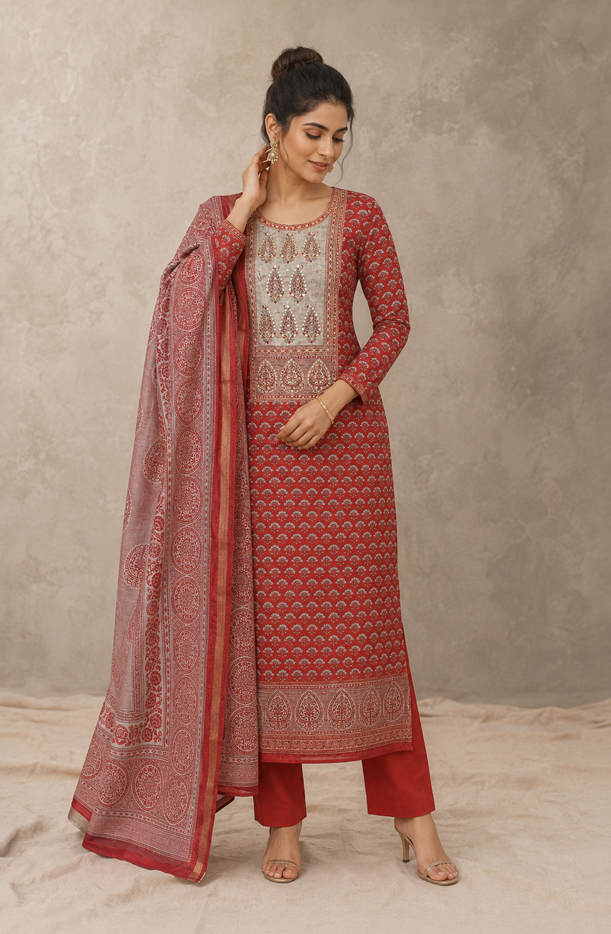 Rust Chanderi Silk Unstitched Suit Set with Beautiful Dupatta - 944-1378