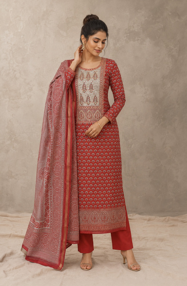 Image of Rust Chanderi Silk Unstitched Suit Set with Beautiful Dupatta - 944-1378