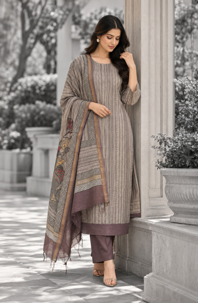 Image of Brown Maheshwari Unstitched Suit Set with Beautiful Dupatta - 1028-ZUBEE-1B