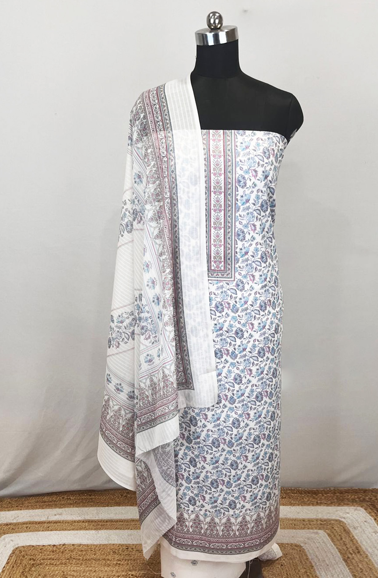 Off-White Printed Cotton Unstitched Suit Set with Dupatta - ZAI1919J