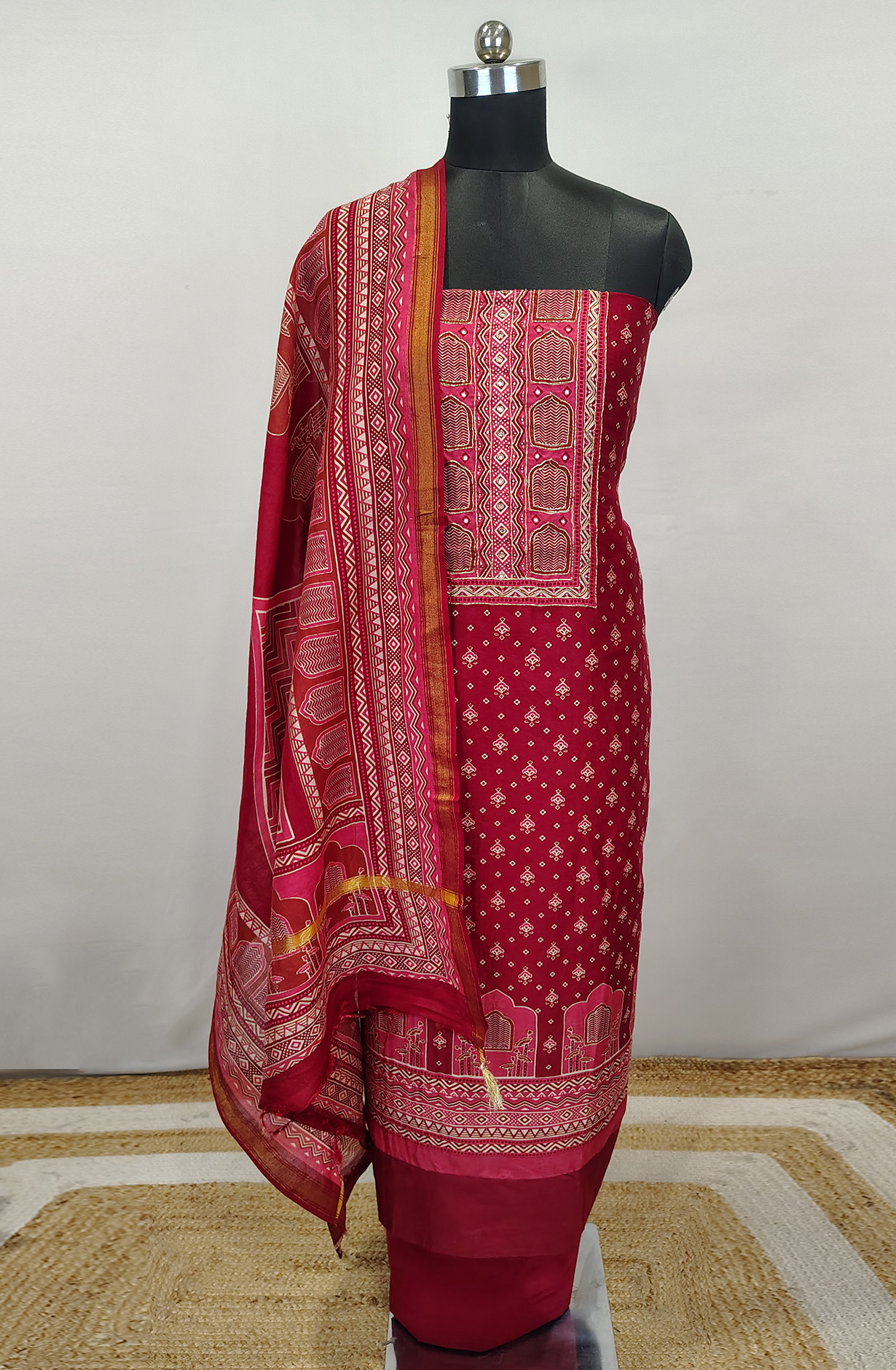 Maroon Printed Beautiful Maheshwari Unstitched Suit with Dupatta - 1027-MAHESHWARIKNTH-2A