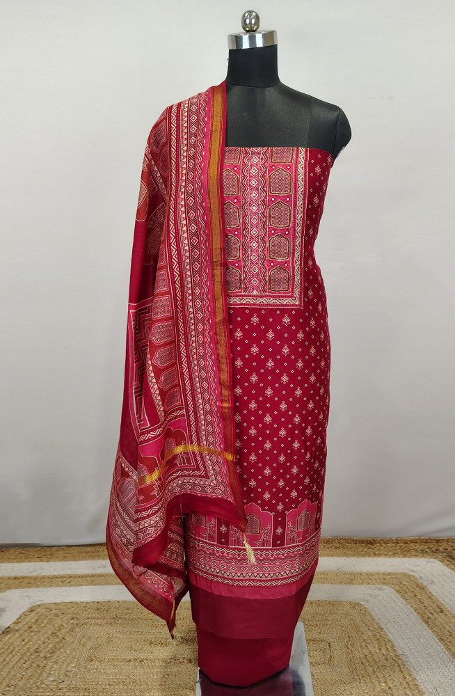 Image of Maroon Printed Beautiful Maheshwari Unstitched Suit with Dupatta - 1027-MAHESHWARIKNTH-2A