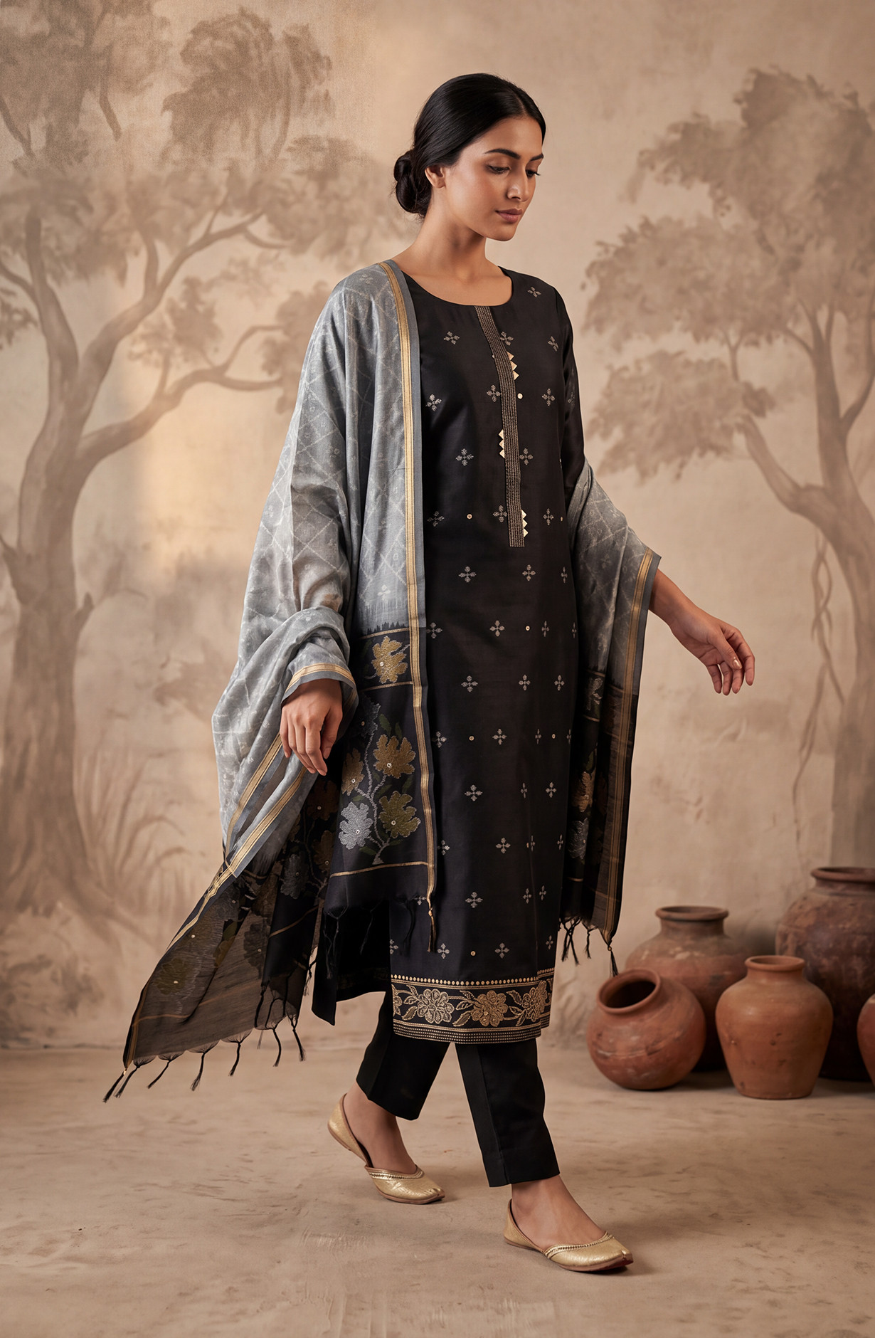 Black Silk Unstitched Suit Set with Beautiful Dupatta - 972-WETSL1105B