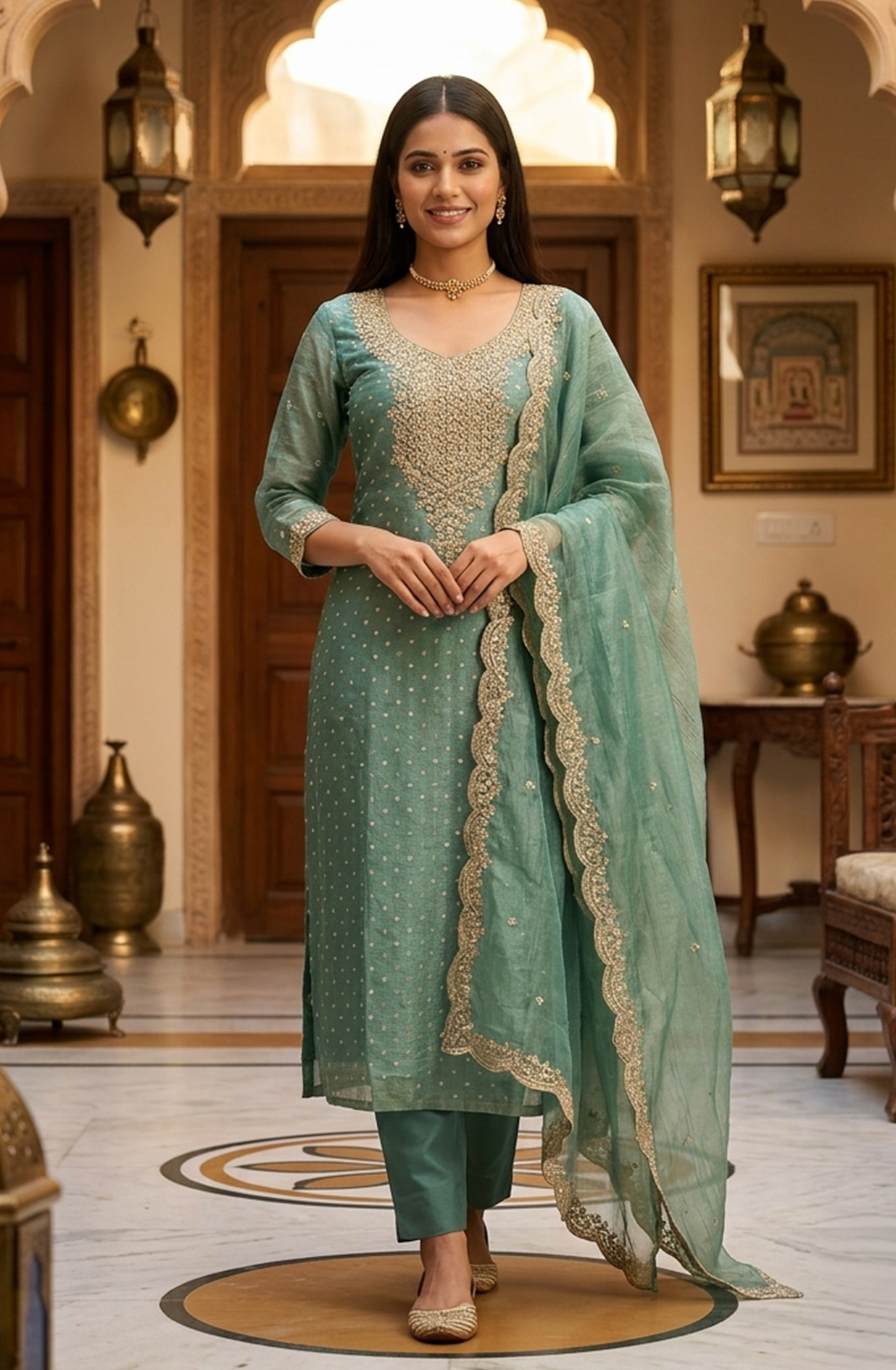 Green Shimmer Beautiful Suit Set with Dupatta - 981-NK658A