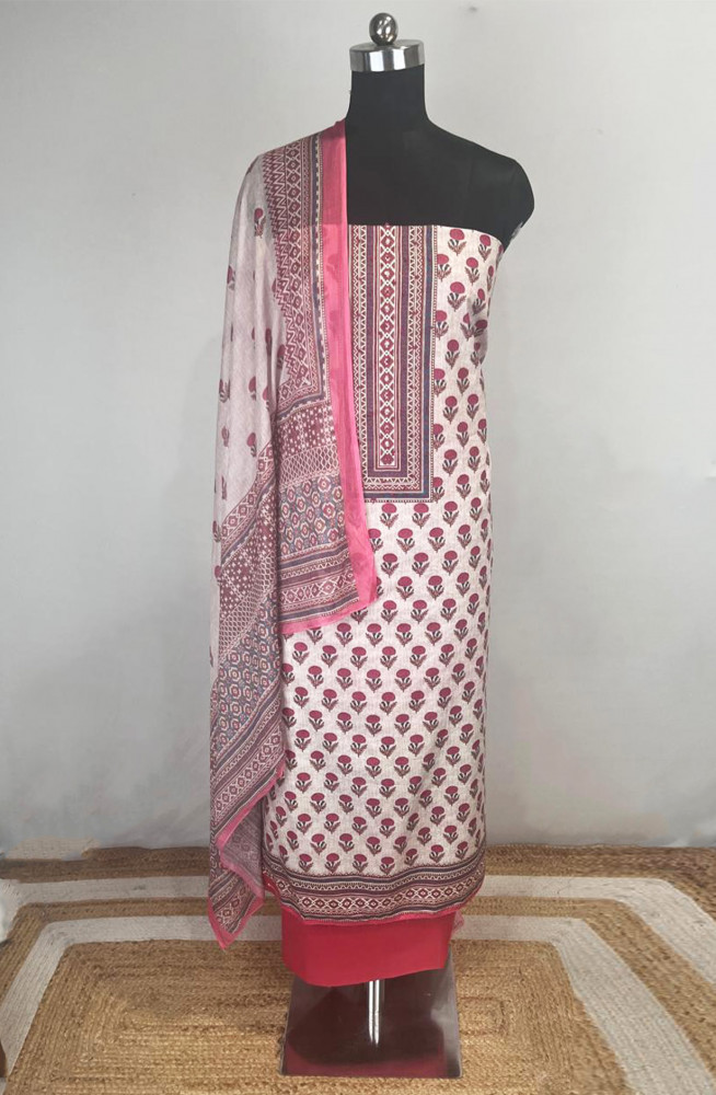Image of Pink Cotton Unstitched Beautiful Suit Set with Dupatta - 131-KJ6538A