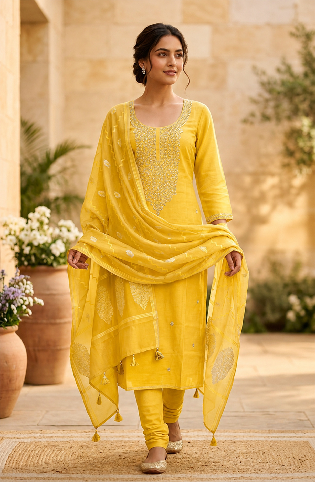 Yellow Chanderi Silk Beautiful Suit Set with Banarsi Dupatta - 981-NK643