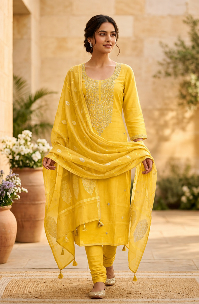 Image of Yellow Chanderi Silk Beautiful Suit Set with Banarsi Dupatta - 981-NK643