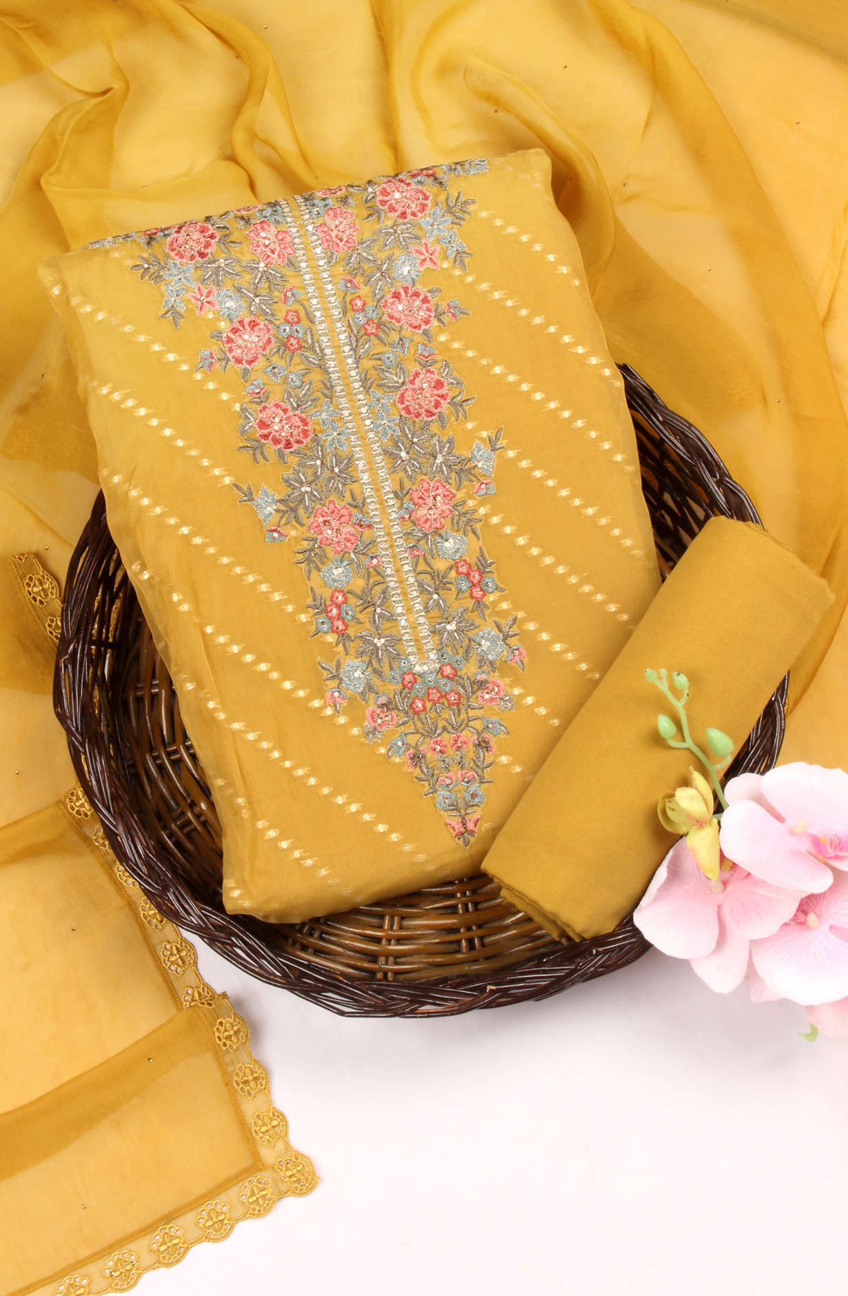 Mustard Designer Organza Unstitched Salwar Kameez - SMPL-05