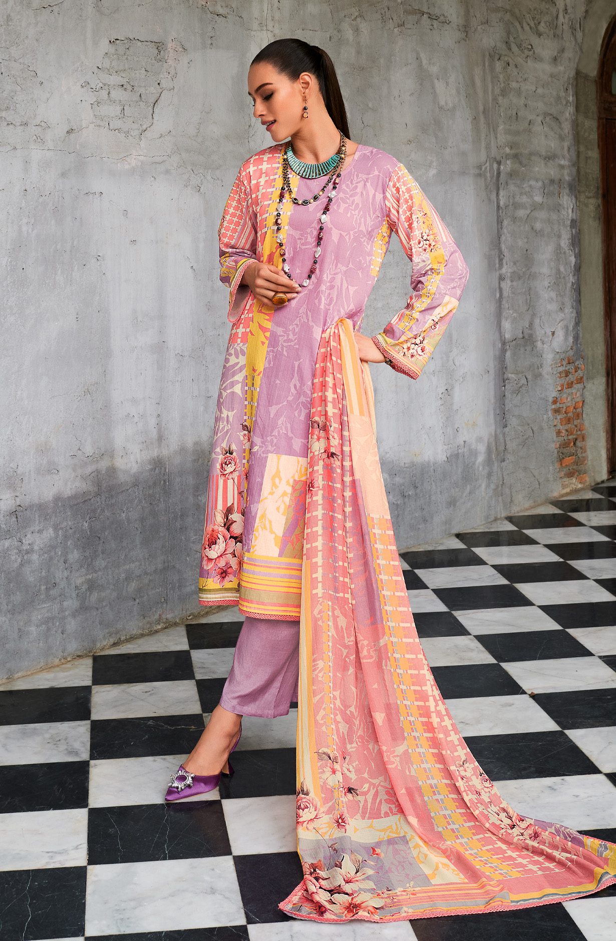 Lavender Cotton Voile Digital Printed Suit with Dupatta - HUEH0S04