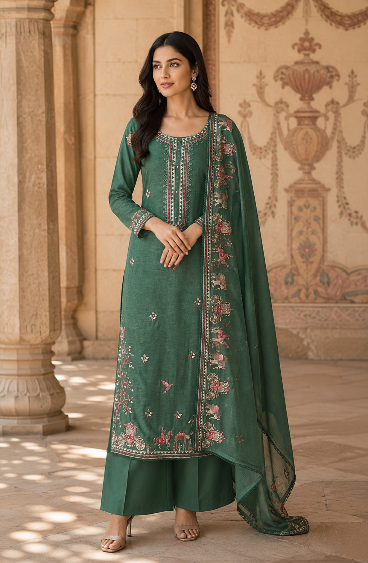 Green Mul Chanderi Unstitched Suit Set with Beautiful Dupatta - 752-9180B