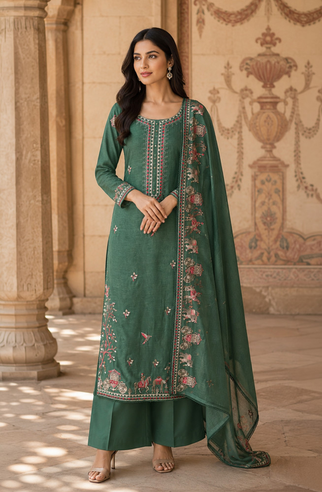 Image of Green Mul Chanderi Unstitched Suit Set with Beautiful Dupatta - 752-9180B