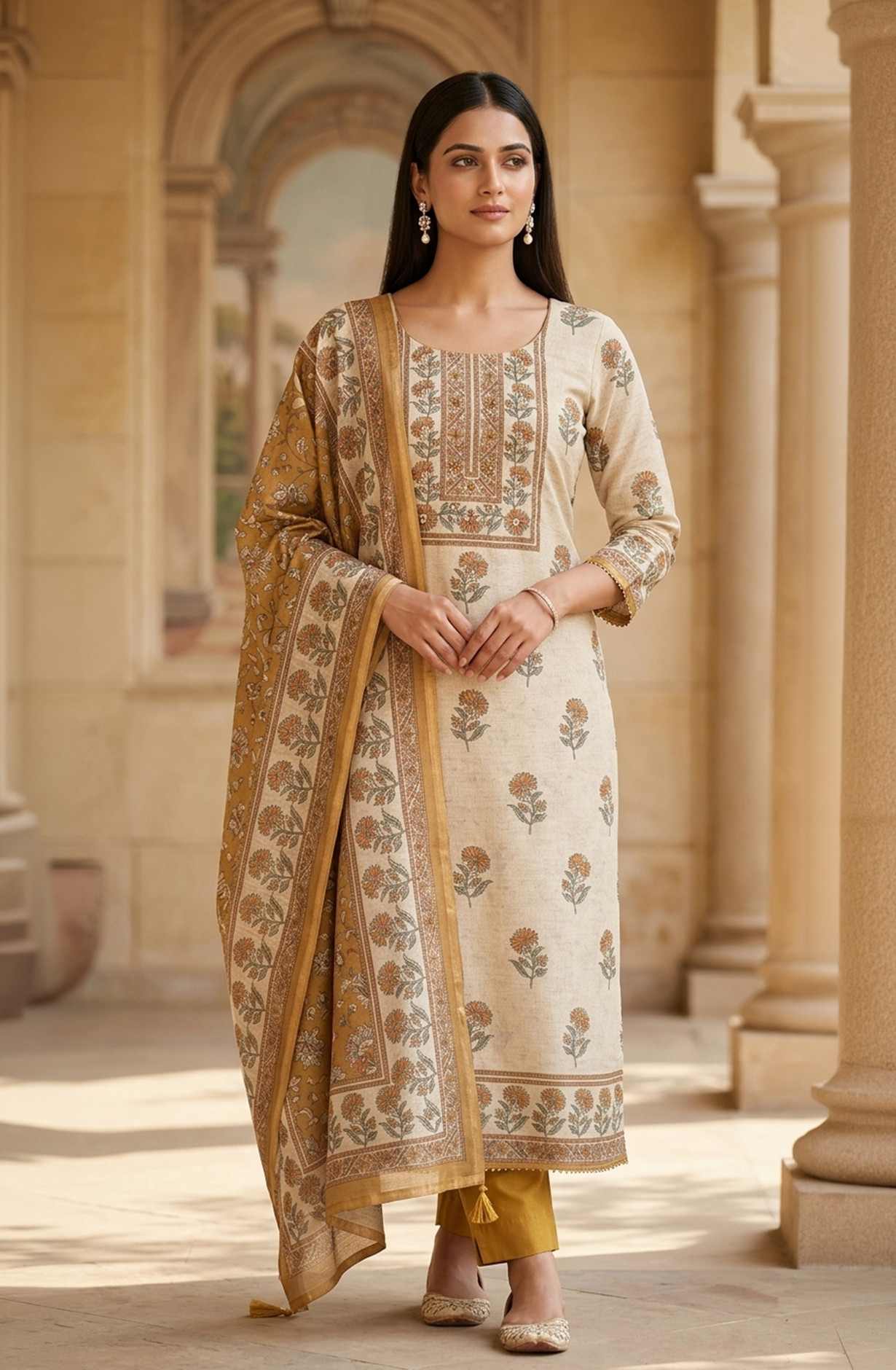 Mustard Cotton Suit Set with Beautiful Dupatta - 1020-4895B