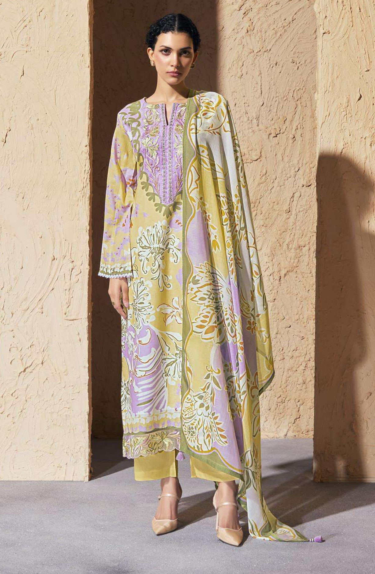 Yellow Pure Cotton Lawn Suit set with Dupatta- JOY343