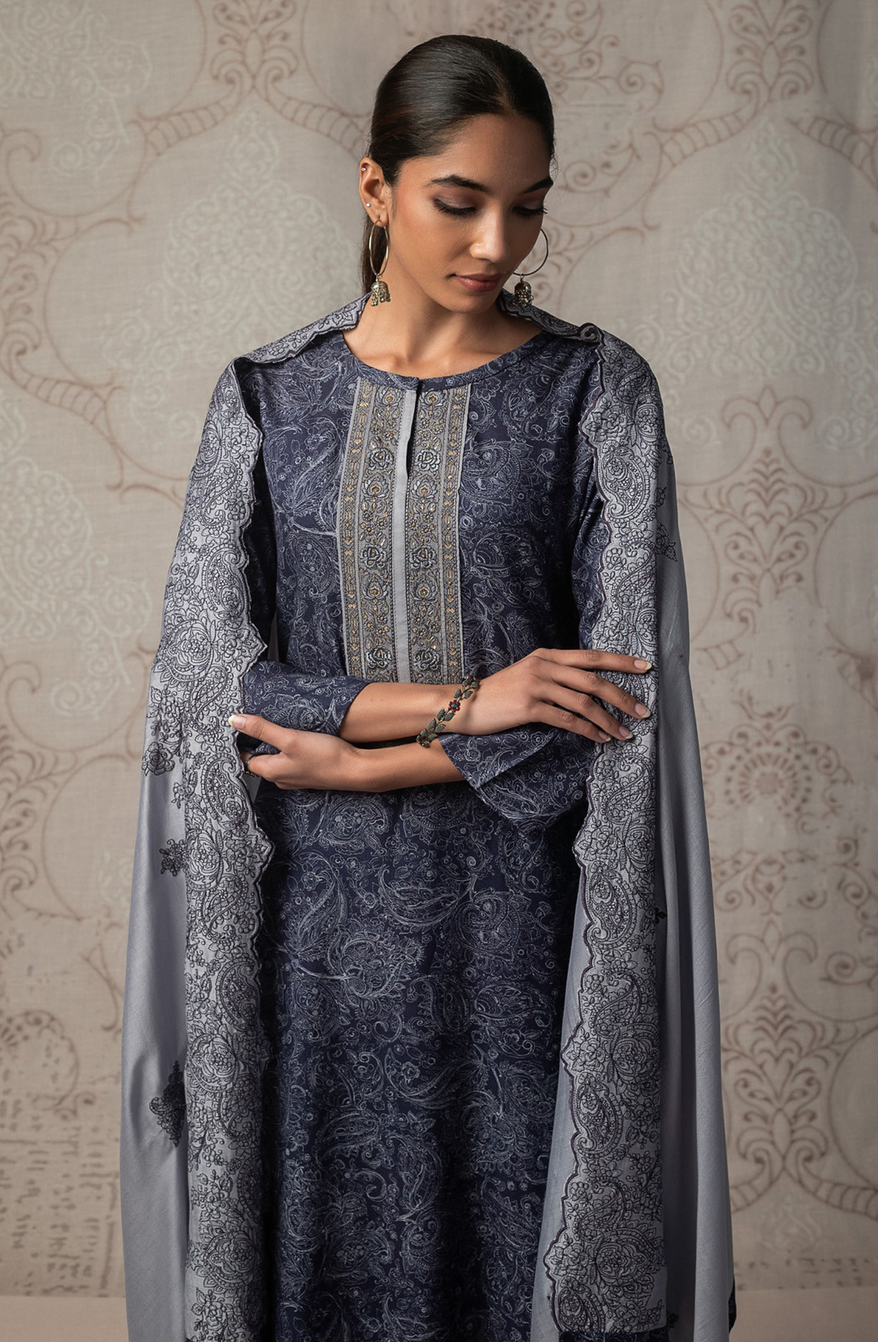Blue Pashmina Suit Set with Pashmina Dupatta - R157-SPR2482A