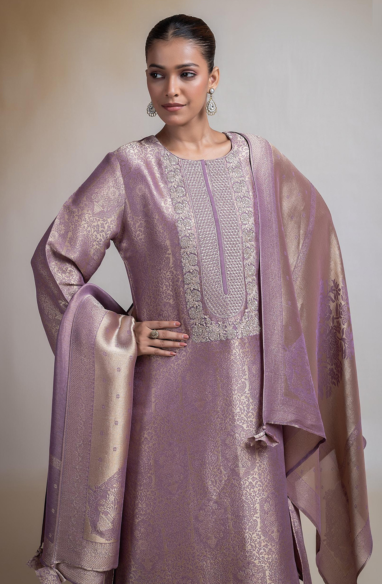 Mauve Tissue Silk Jacquard Suit Set with Beautiful Dupatta - R157-SPR2387B
